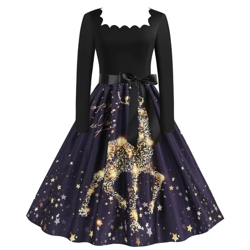 Robe de noël, nouveau produit, col carré, manches longues, épissure noire, imprimé, personnalité rétro, robe de Cosplay