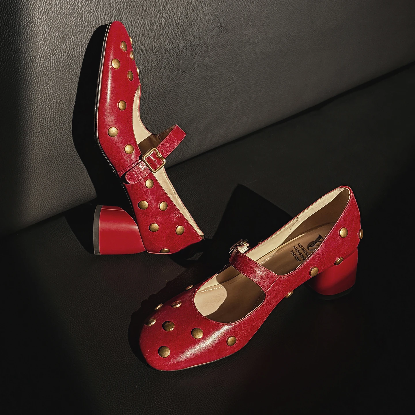 

Genuine Leather Single Strap Women Mary Jane Studded Fashion Shallow Cut Flats Versatile Elegant Chunky Heel Pumps