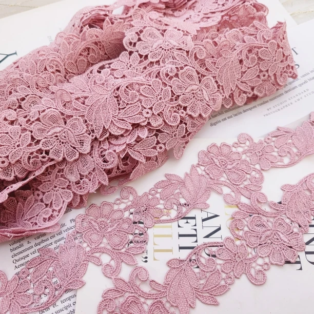 2Yards 5cm wide Pink Lace Trim Craft Flower Polyester Lace Fabric Venise Floral Embroidered Applique Decorated Lace Ribbon