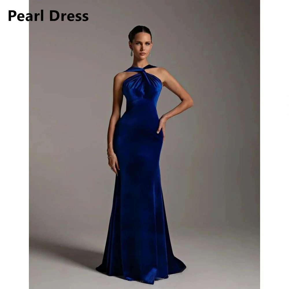 

Pearl Evening Dresses for Special Occasions Velvet Fish Tail Wedding Party Dress Halter Neck Custom Made Ground Length Prom