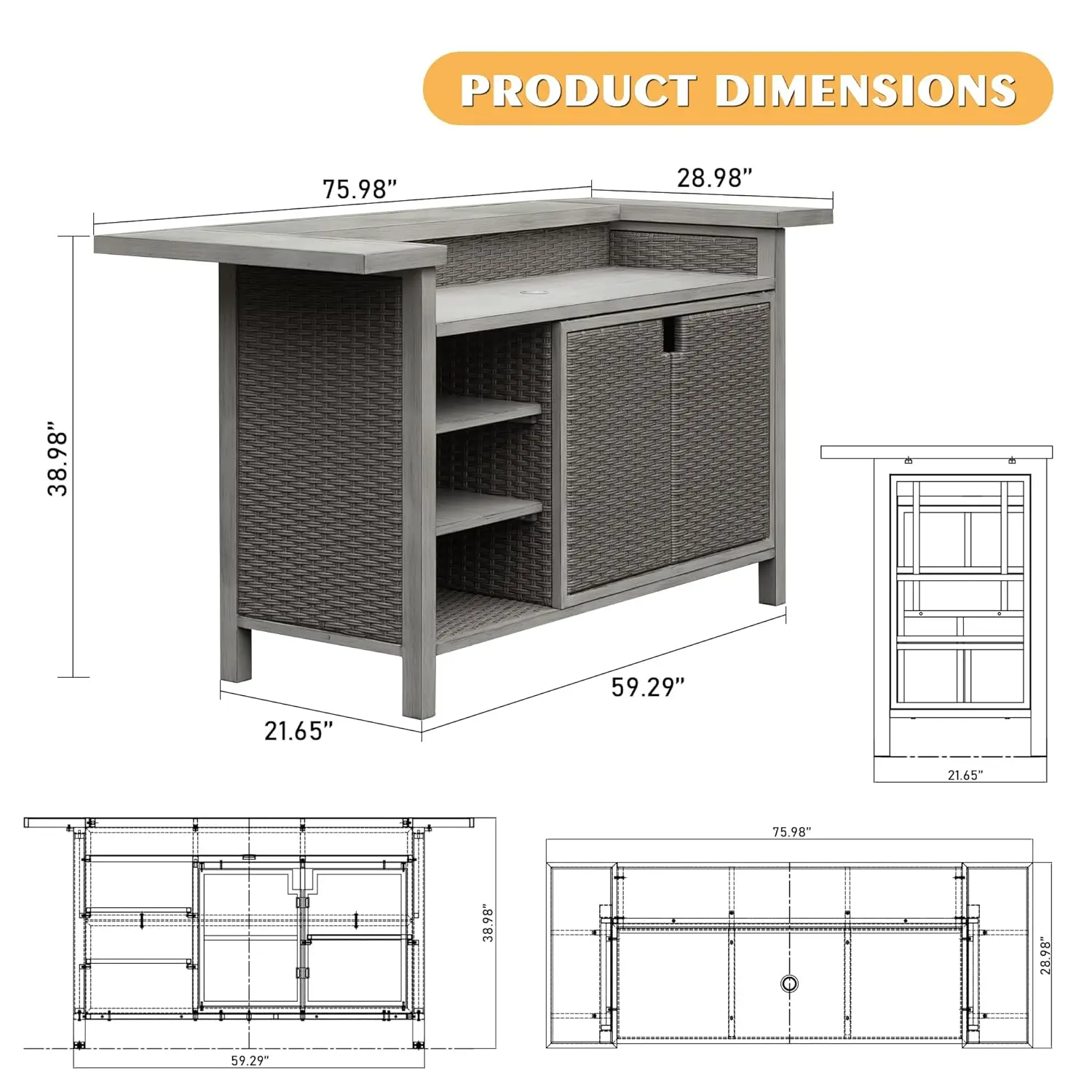#Modern Wicker Outdoor Bar Table Aluminum Frame Grill Liquor Cabinet Patio Kitchen Dining Living Room Gray, Customized