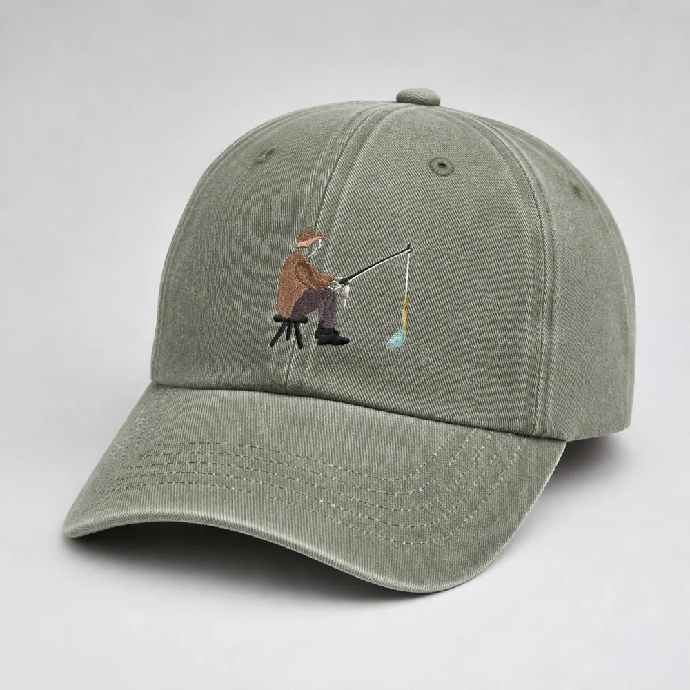 Unisex Seated Fisherman Embroidered Baseball Cap Curved Brim Six Panel Rounded Crown Adjustable Back Metal Buckle Graphic Hat