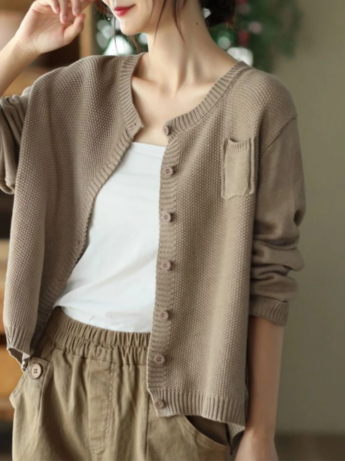 Cárdigan de punto largo Retro ort Sve para mujer, prendas de vestir exteriores versátiles de otoño, punzón de hombro, abotonada, informal, Color puro