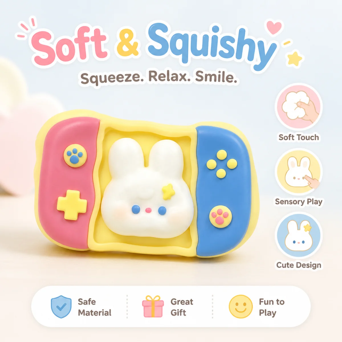Cartoon Rabbit‑Decor Game Machine Squishy Pinch Toy Food‑Grade Slow Rising Decompression Toy Colorful Gamepad Shaped Sensory