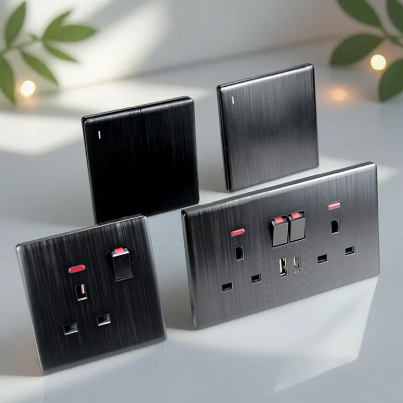 UK Popular 1/2/3/4gang 86*86MM Ultra Thin PC Black Brushed Curved Panel large Board Switch Wall Switch Socket Series