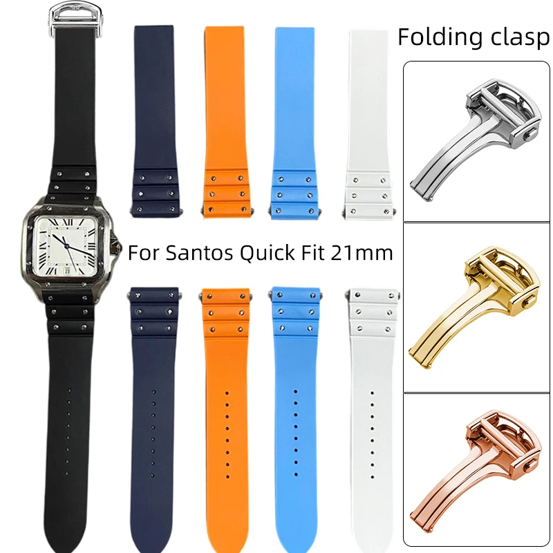 For Cartier 39.8mm new Santos FKM strap quick release watch WHSA0007 WSSA0009 solid metal folding buckle men's 21mm black/blue