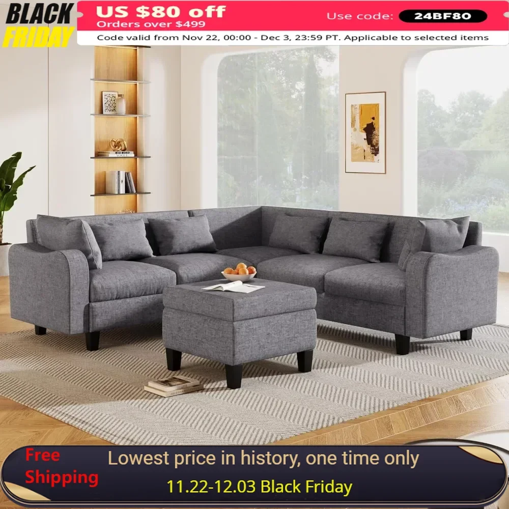 L-Shaped Couch with Coffee Table & 6 Pillows 6Seat Sectional Sofa with Storage Ottoman & Unique Curved Armrest Convertible Sofa