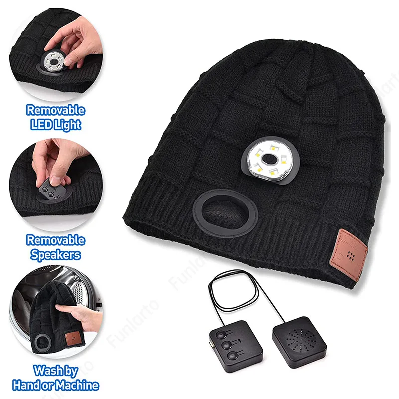 Gifts for Men Women Dad Unisex Bluetooth Beanie Hat with Light Musical Knitted Cap with Headphone Built-in Stereo Speakers Mic