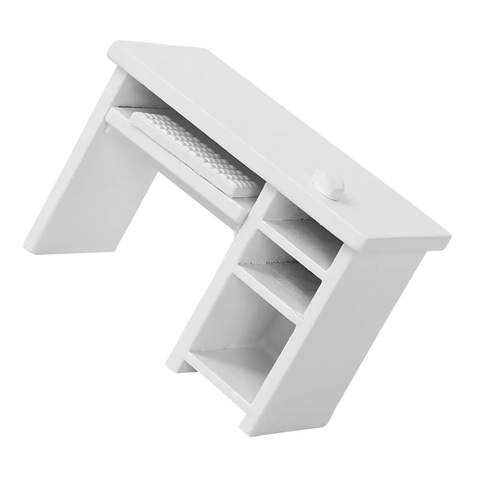 1Set Miniature Dollhouse Office Computer Desk White 1:12 Scale Furniture Accessories Desktop Mouse Keyboard Side Stool