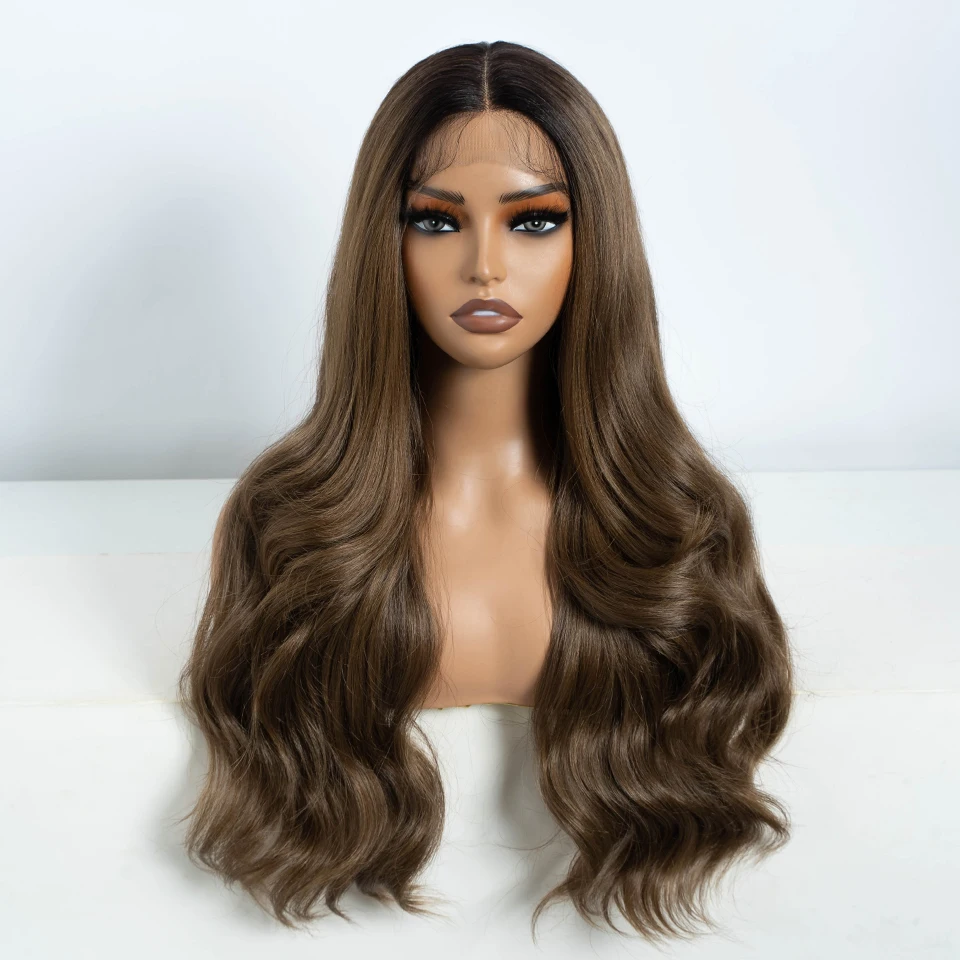 FREEDOM Synthetische Perücken mit Spitze vorne für Damen, lange, gewellte Perücke, 26 Zoll, gewellte Perücke mit Spitze, braun, Ombré, blond, grau, weiß, Cosplay-Perücke. – Detail 2