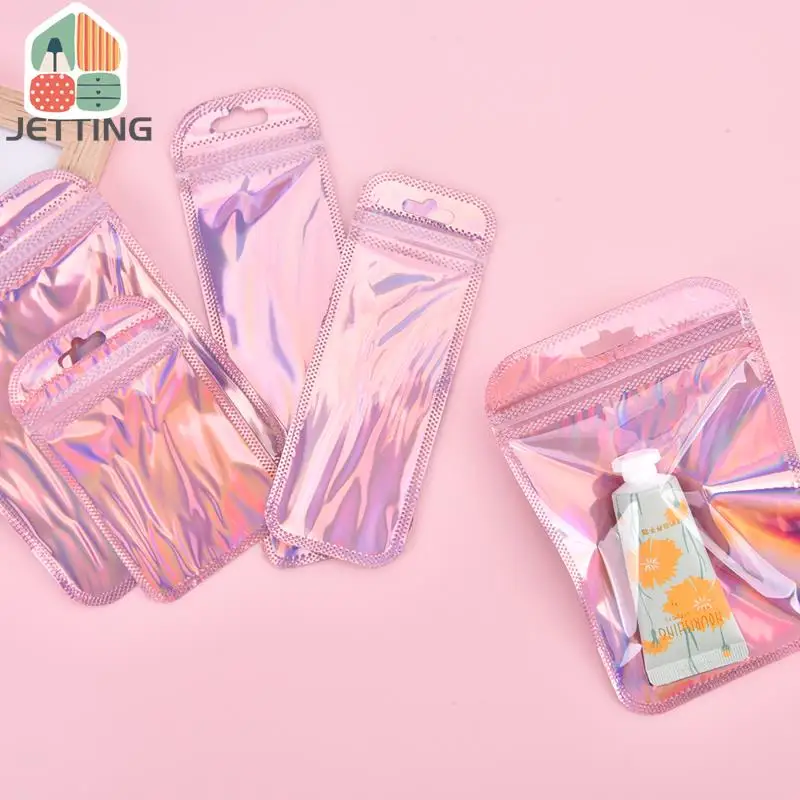 50Packs 4 Styles Resealable Holographic Bags Cute Eyelash Packaging Bags For Lip Gloss Lash Foil Small Ziplock Bags