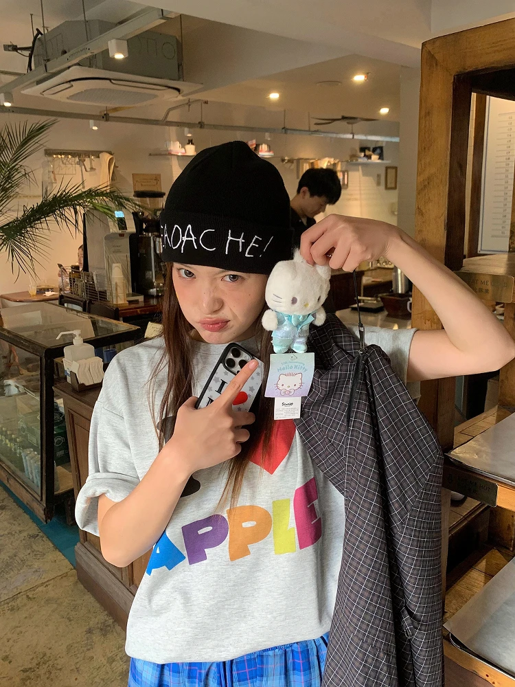Sakura  Rainbow Letter Color Block Short Sleeve T-Shirt Casual Loose Fit Summer Korean Style Versatile Casual Top