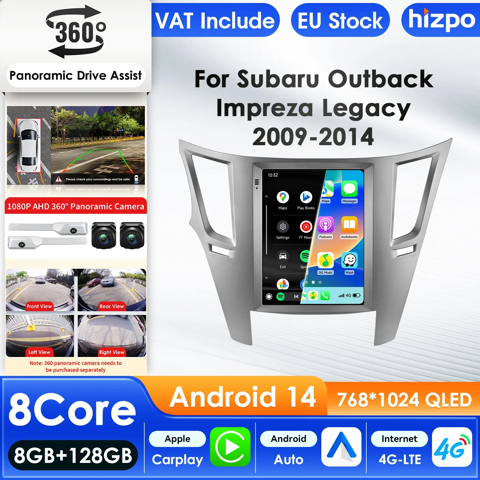 Hizpo Autoradio für Subaru Outback Impreza Legacy 2009-2014 mit CarPlay, Android Auto, GPS, Bluetooth, WLAN, FM, RDS, DVR, 9,7 Zoll Tesla-Style Intelligenter Bildschirm, QLED-Display, Automotive Head