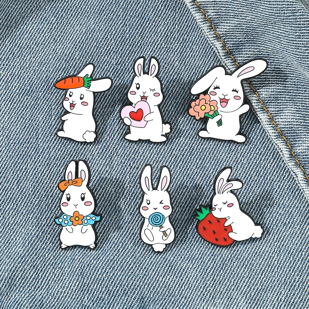 6 Pcs Cute Little Rabbit Brooch Creative Love Carrot Enamel Brooch Metal Paint Badge Backpack Clothing Jewelry Wallet Pendant