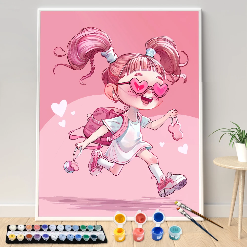 Kit di pittura a mano Cartoon Pink Kids Girl Flower Painting By Numbers Kit opera d'arte fai da te Canva Art Home Decoration Gift