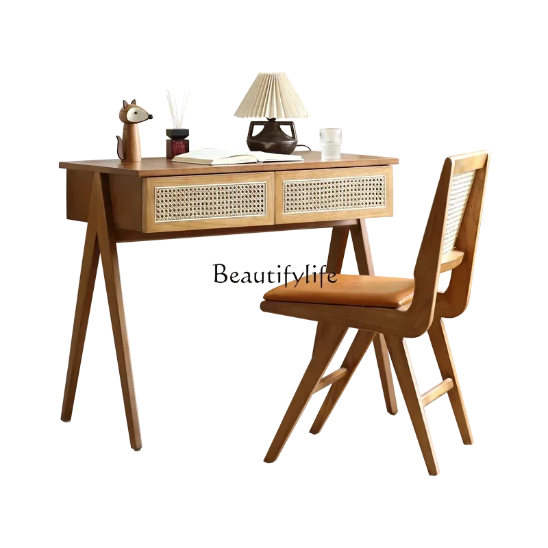 

1lJapanese-Style Rattan Solid Wood Desk Chair Combination Ash Office Worker Desk