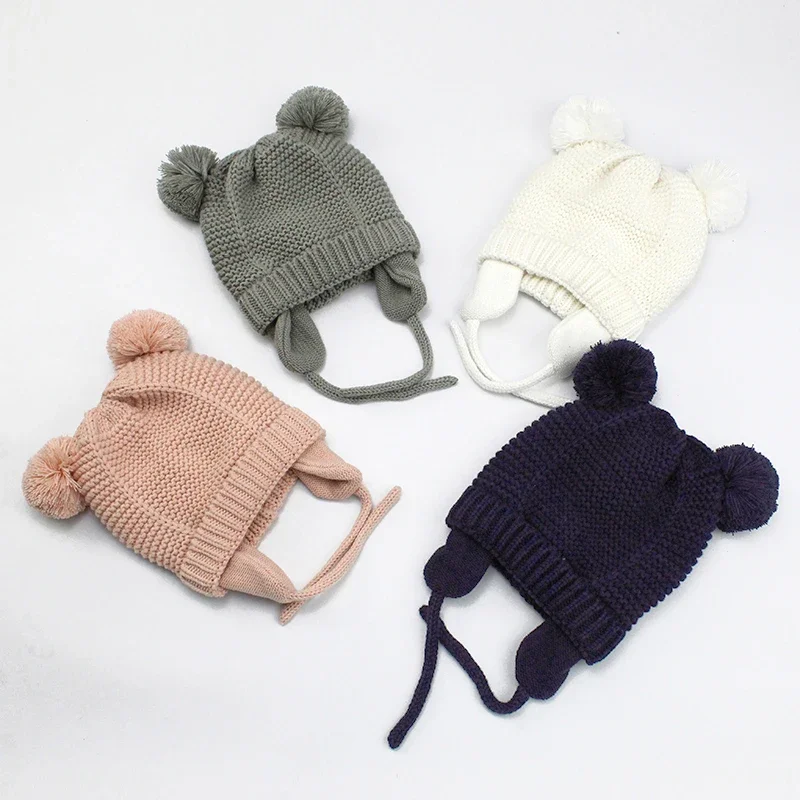 Bonnet à pompons pour bébé, fille et garçon, avec oreilles, chaud, mignon, pour enfant, nouveau-né, hiver