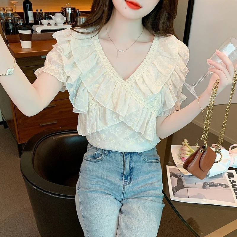 New Summer Short Sleeve Blouse Women Blusas Mujer De Moda 2024 Verano Ruffles V-Neck Blouse Shirt Women Tops Blouses Blusa G684