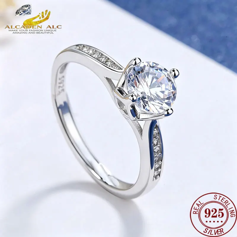 ALCADEN Genuine 925 Sterling Silver Round Clear 1ct Moissanite Engagement Rings For Women Wedding Promise Statement Jewelry Gift