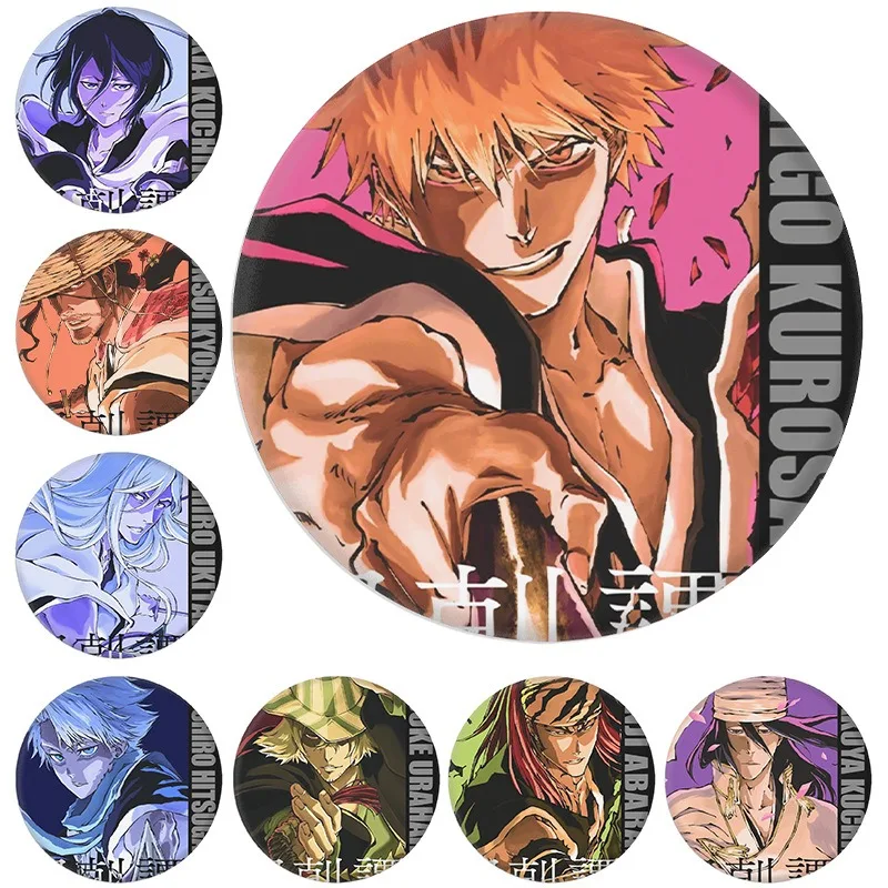 58mm Anime Bleach Brooch Kurosaki Ichigo Toshiro Hitsugaya Kokuto Enamel Brooch Pins Hat Clothes Badge Jewelry Accessories Gifts