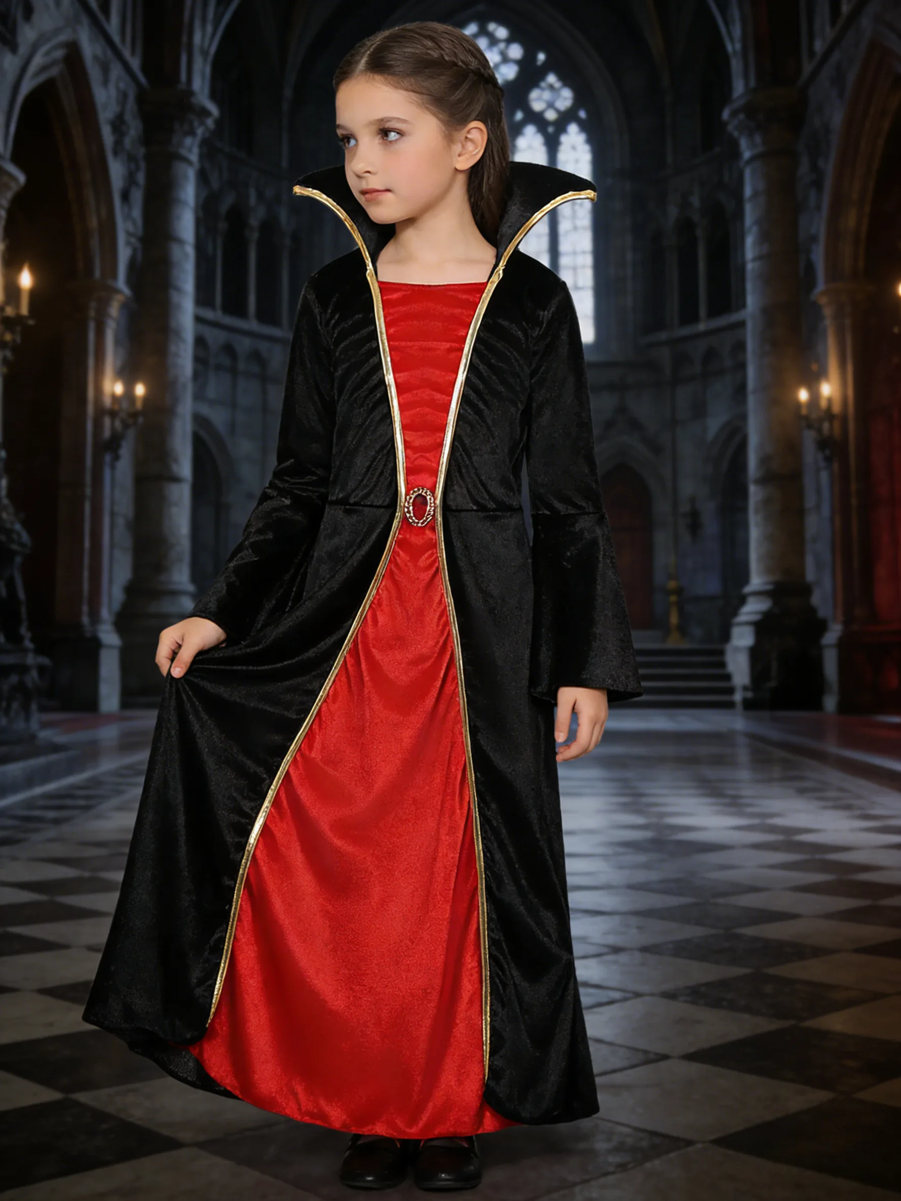 

One-Piece Long Dress with Stand Collar for Girls, Featuring a Novel Design with Contrasting Bright Colors in Black and Red, Suitable for Halloween and Various Carnival Festival Parties, as Well as Stage Performance Costumes.
