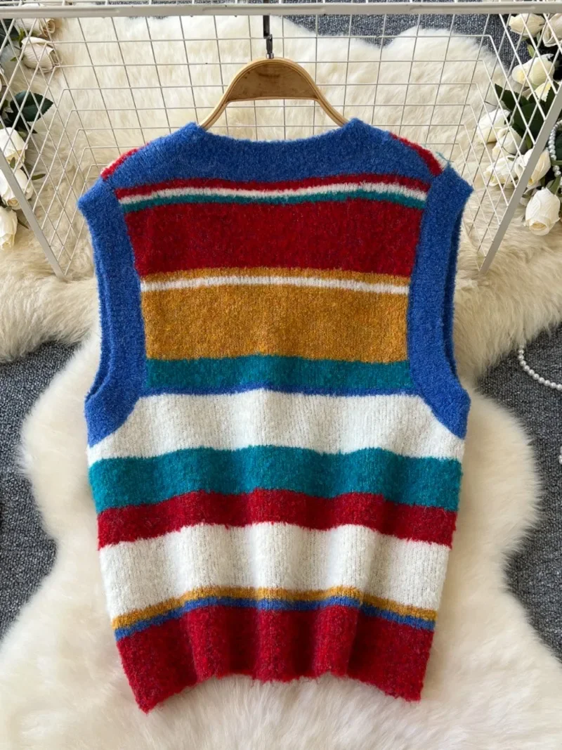 Contrast Striped Outerwears Vest Chalecos Mujeres Knitted Sleeveless Tops Autumn Winter 2025 New Ropa Loose Casual Sweater