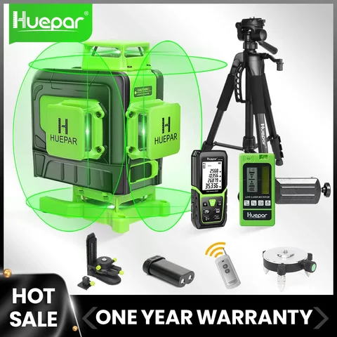 Huepar 4d 16 linhas de linha cruzada nível laser linhas feixe verde multi função & controle remoto com bateria li-ion para piso telhas