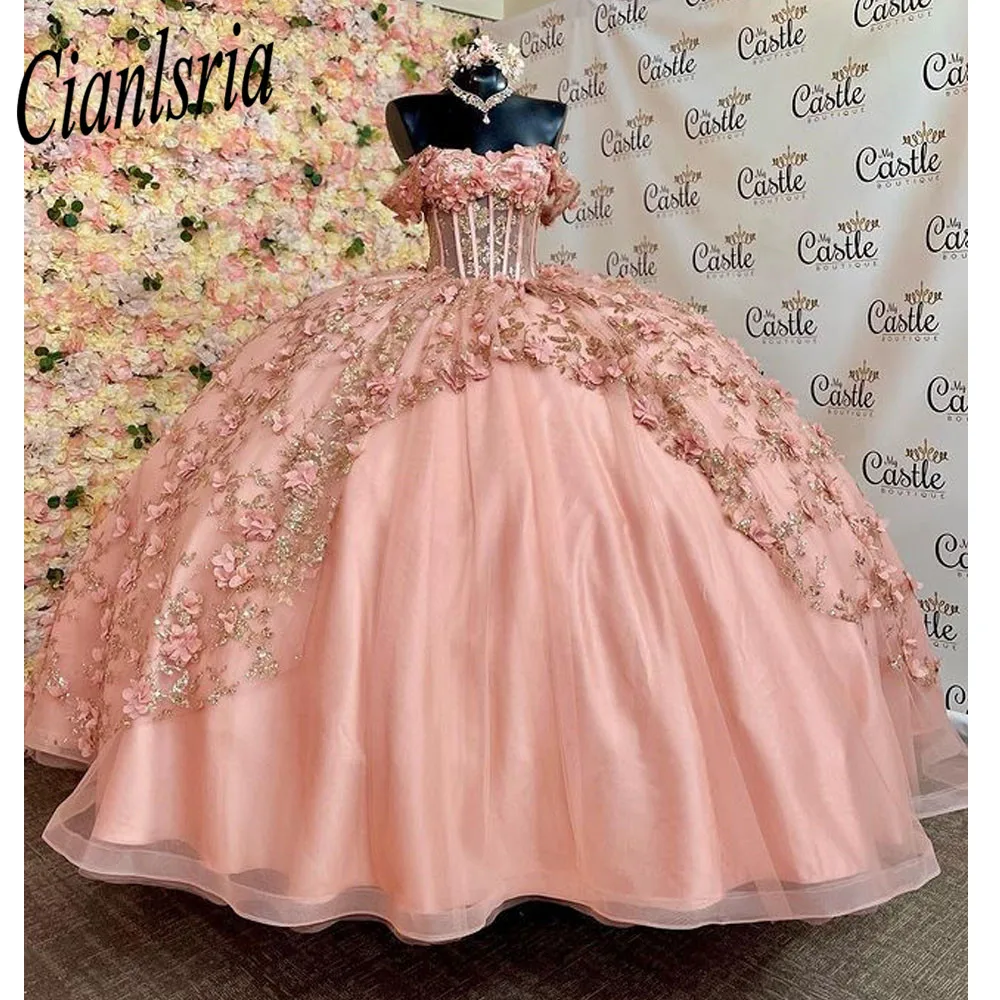 Sparkly Off The Shoulder Corset Quinceanera Vestidos de Baile 3D Flores Lace Sweet 15 Vestidos De XV Años