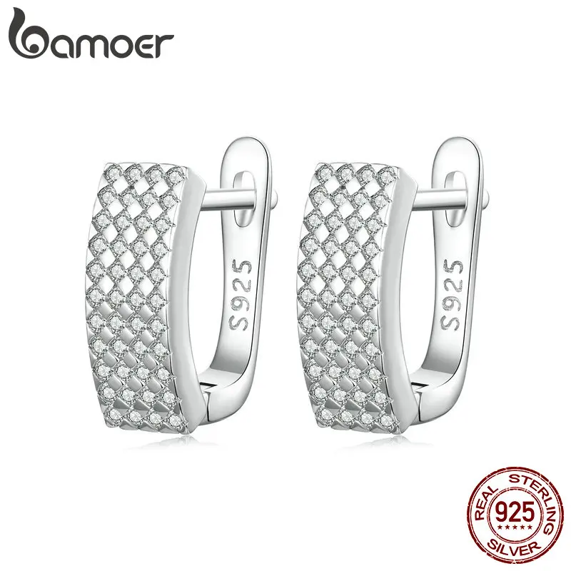BAMOER 925 Sterling Silver Delicate Sparkling Ear Buckles Inlaid CZ Hypoallergenic Hoop Earrings for Women Fashion Jewelry Gift