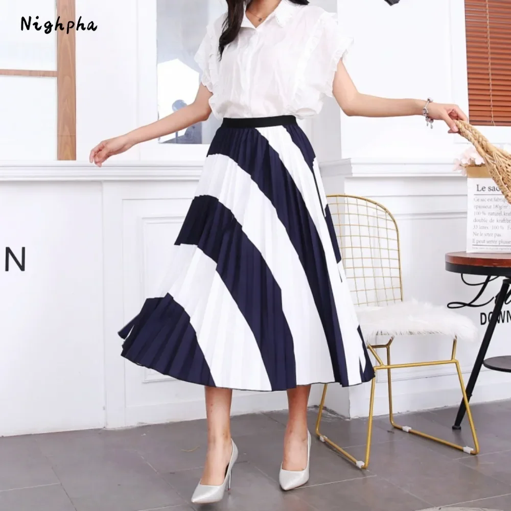 

Nighpha Black White Color Block Skirt Elastic High Waist Pleated Skirt Midi Long A-line Skirt Causal Elegant Summer