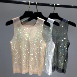 Glitter Crystal Beading Shiny Tanks y2k tops Party Club Sexy Hollow Out Diamonds Sleeveless Vest For Women Beach Party Nightclub