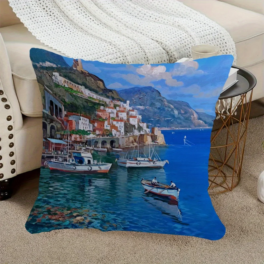 1pc 2D Flat (Pillow Not Included) Amalfi Coast Boats Cliff Village Cushion Cover Short Plush Mediterranean Travel Decor Throw