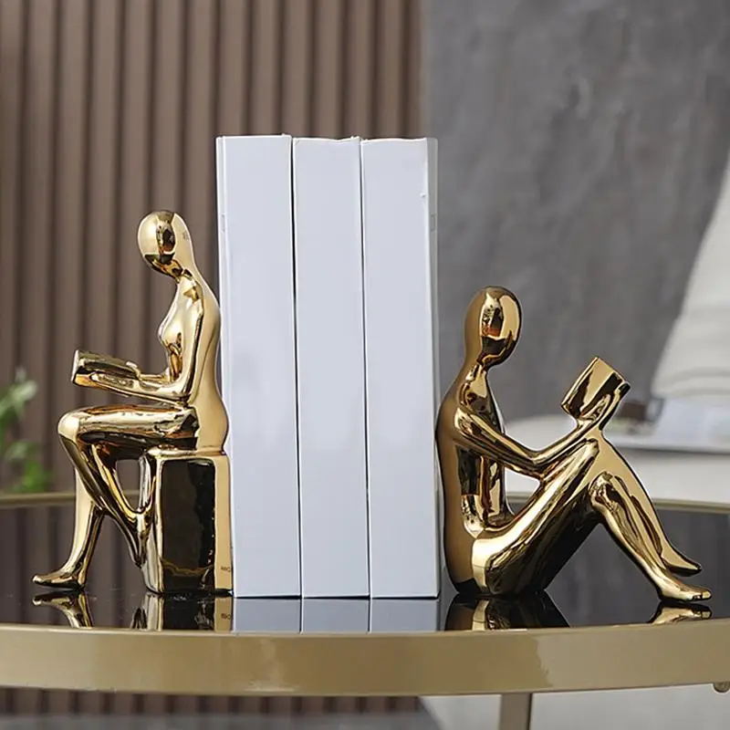 Book Ends For Shelves Decorative 2X Abstract Statue Design Heavy Duty Modern Bookends Decorative Anti-Slip Ceramic Books Storage