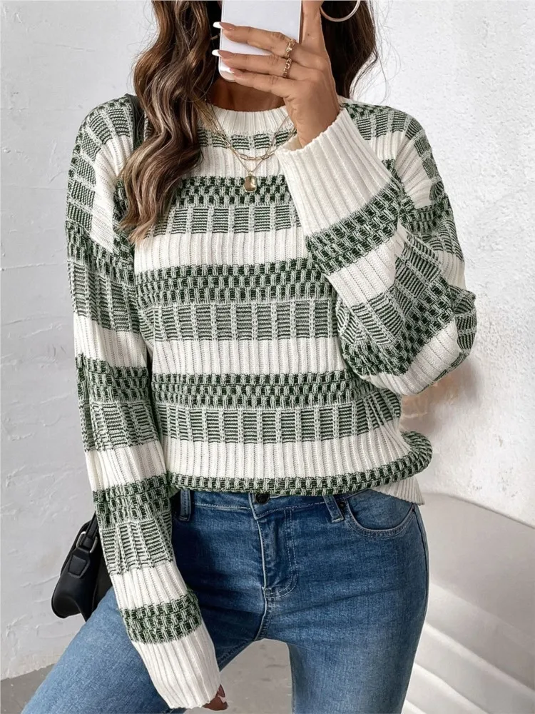

Winter Clothes Woman Pulls Femmes Knitted Crew Neck Double Striped Sweater All-match Loose Simple Style Pullover Casual Trendy