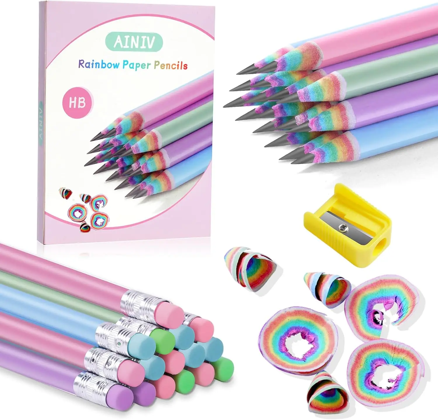 

32 шт. радужных карандашей из переработанной бумаги с точилкой, экологичные, HB # 2 штуки для школы и офиса