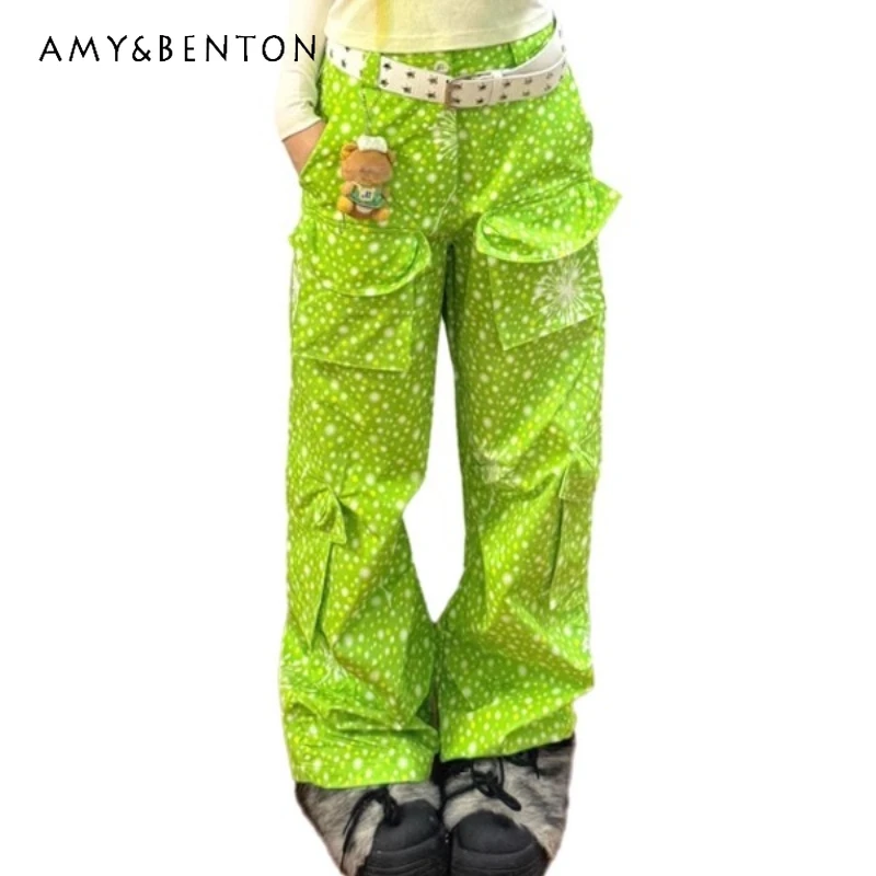 

Japanese Design Green Multi-Pocket Wide-Leg Women's Cargo Pants New Design Sense Plant Print Loose Straight Long Trousers Lades