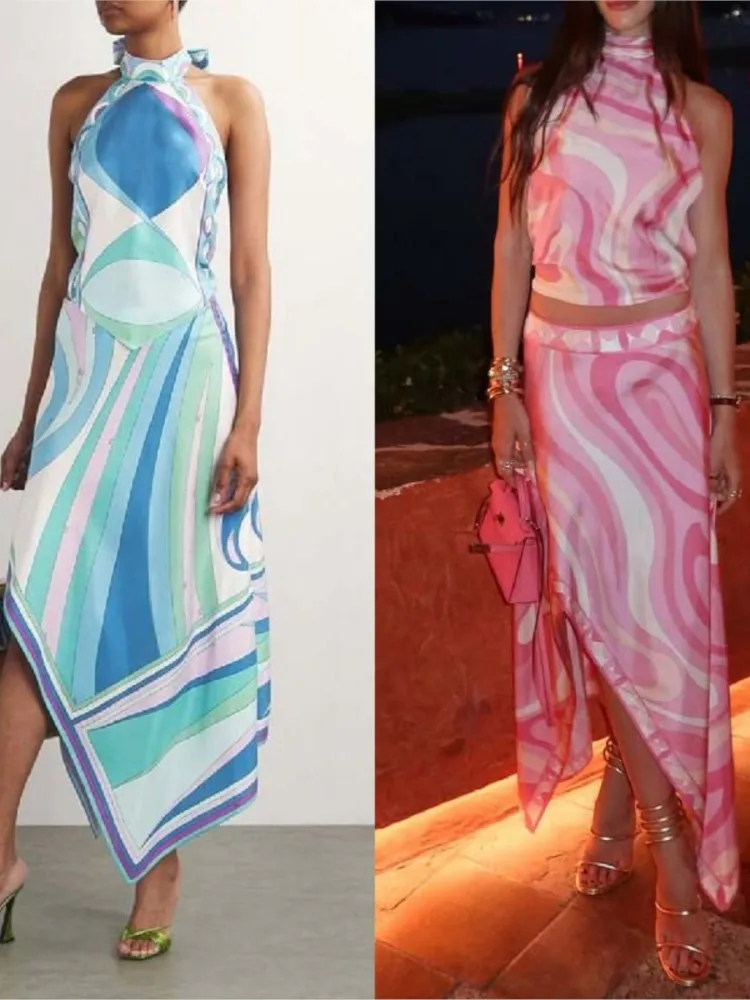 

Print Two Piece Skirt New Sexy Halter Beach Dress Women Bra High Waist A-line Long Skirt Suit Summer Holiday Seaside Casual Sets