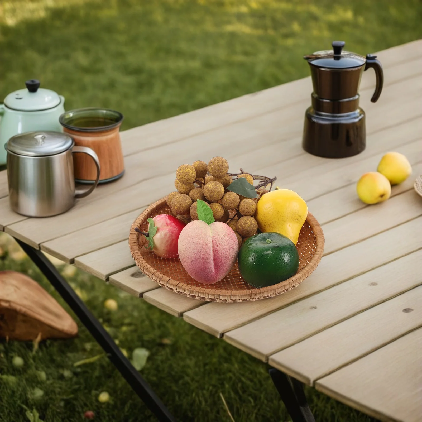 

Bamboo Woven Round Serving Tray Shallow Basket Bread Fruit Tea Tray Kitchen Counter Display Breakfast Round Serving Plate