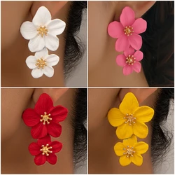 Double Layer Flower Dangle Earrings for Women Trendy Spray Paint Sweet Blooming Petal Drop Earrings White Blue Pink Red Jewelry