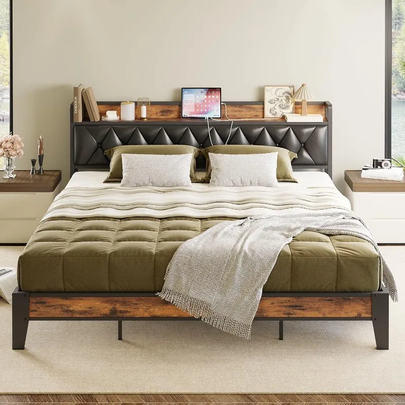 King Bed Frame, Storage Headboard with Outlets, Easy to Install, Sturdy and Stable, No Noise, No Box Springs Needed, Rust