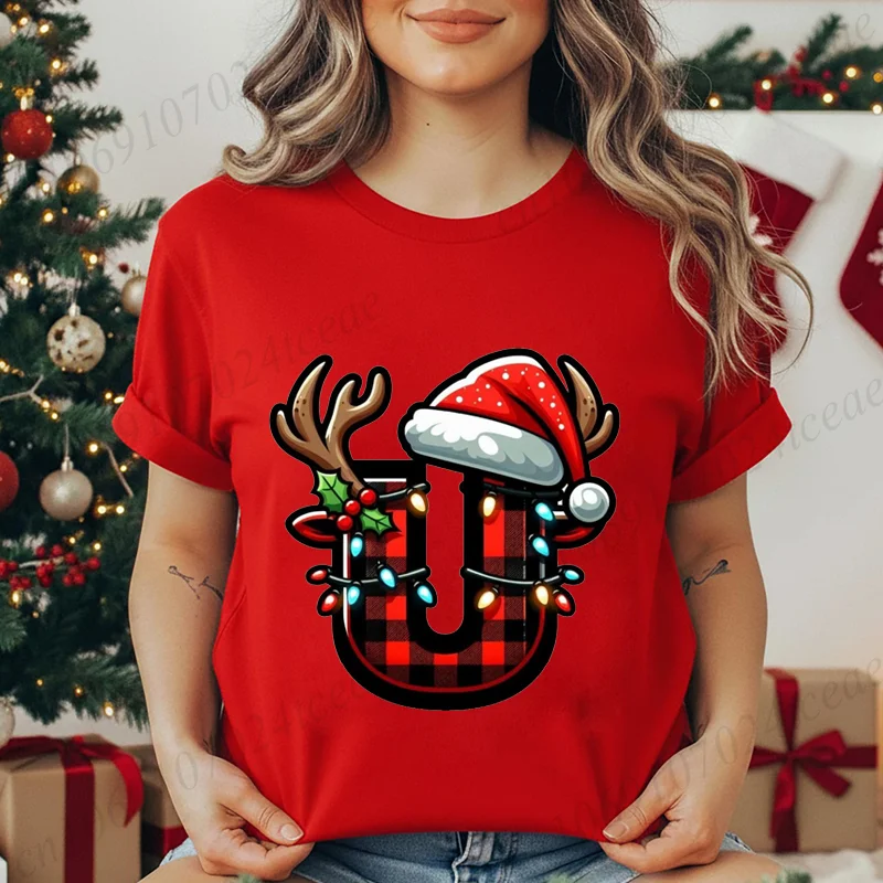 Świąteczna koszulka z nadrukiem alfabetu dla kobiet, unisex, modna, zabawna, codzienna bluzka z grafiką czapki Świętego Mikołaja i renifera.
