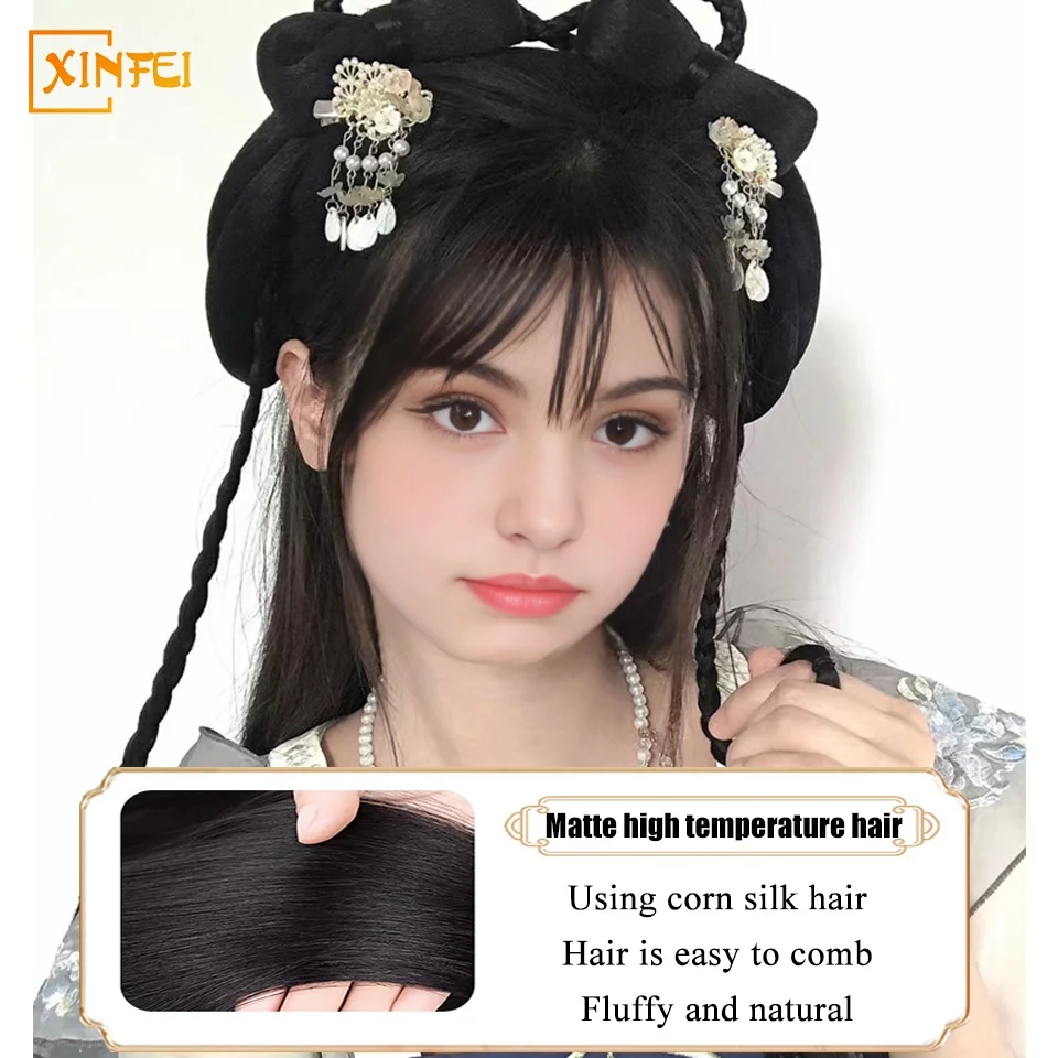 Chinese Ancient Wig Women Traditional Hanfu Synthetic Wigs Headdress Daily Natural black Hair Bun Fluffy Hairstyle