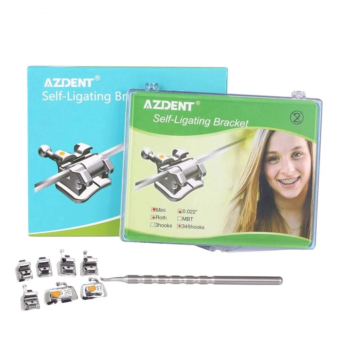 AZDENT Zahnspangen, kieferorthopädische Zahnspangen, Metall, aktiv, selbstligierend, Mini Roth 0,022 Haken, 3–4–5 Bukkalröhrchen, Zahnmedizin-Werkzeug – Detail 1