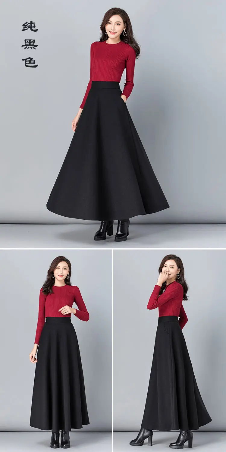 

New Wool Blend Skirt Thickened Warm Mid Length High Waist A Line Slimming Flared Dance Long Skirt