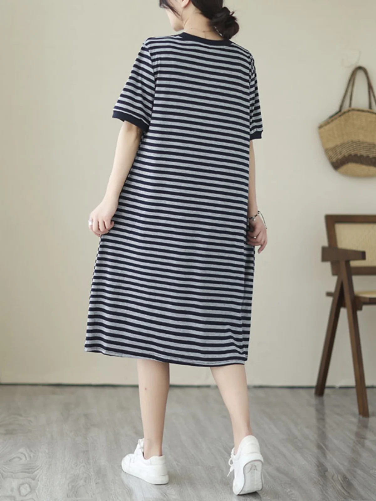 Casual Stripe Tricoté Or Sve Dr Femmes Lâche Minceur rond Ne T-shirt mi-long Dr Confortable A-Line Été D...