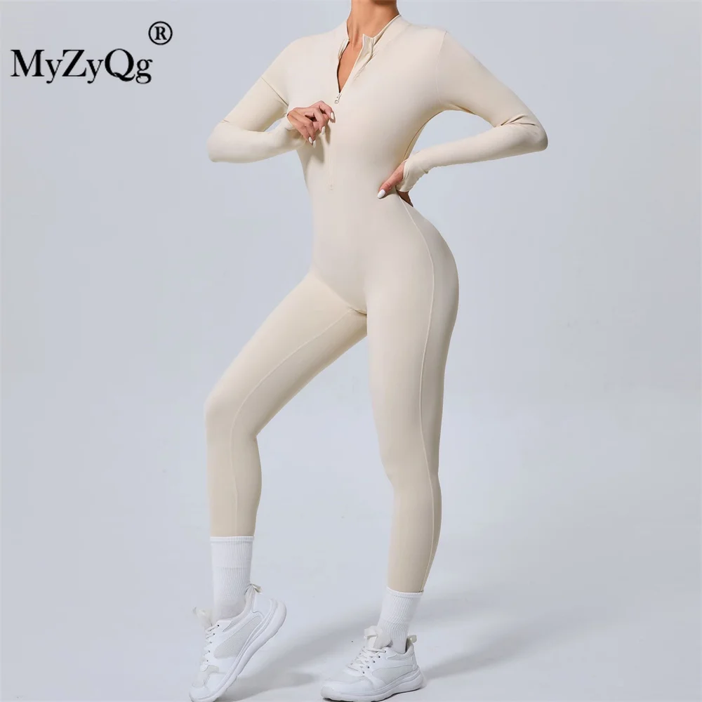 MyZyQg ผู้หญิงแขนยาวออกกําลังกาย Jumpsuit แน่น Breathable Zipper ชุดกีฬา Buttock Lifting Quick แห้งโยคะ Bodycon