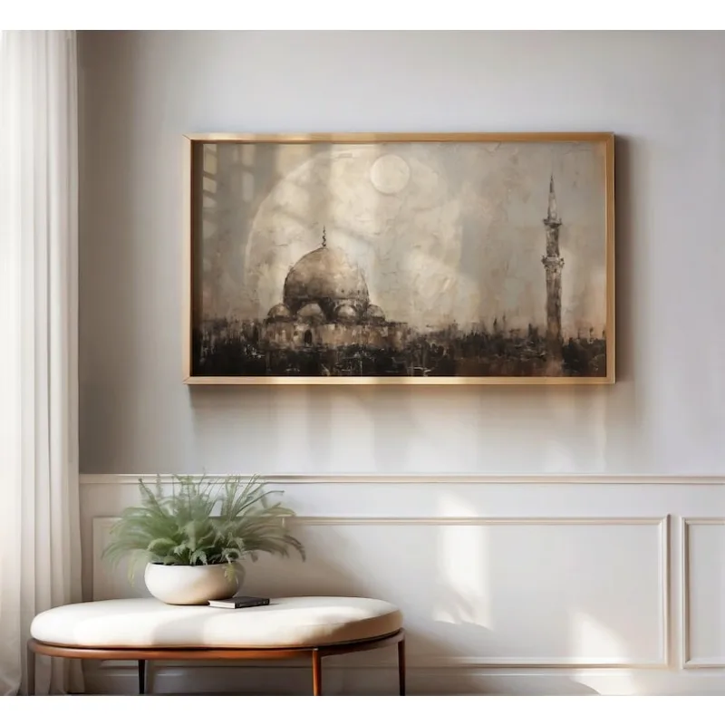 

2D/Flat Frameless Islamic Print Mosque Canvas Prints, Beige and Gold Textured Wall Art Ramadan Poster for Prayer Room Decor