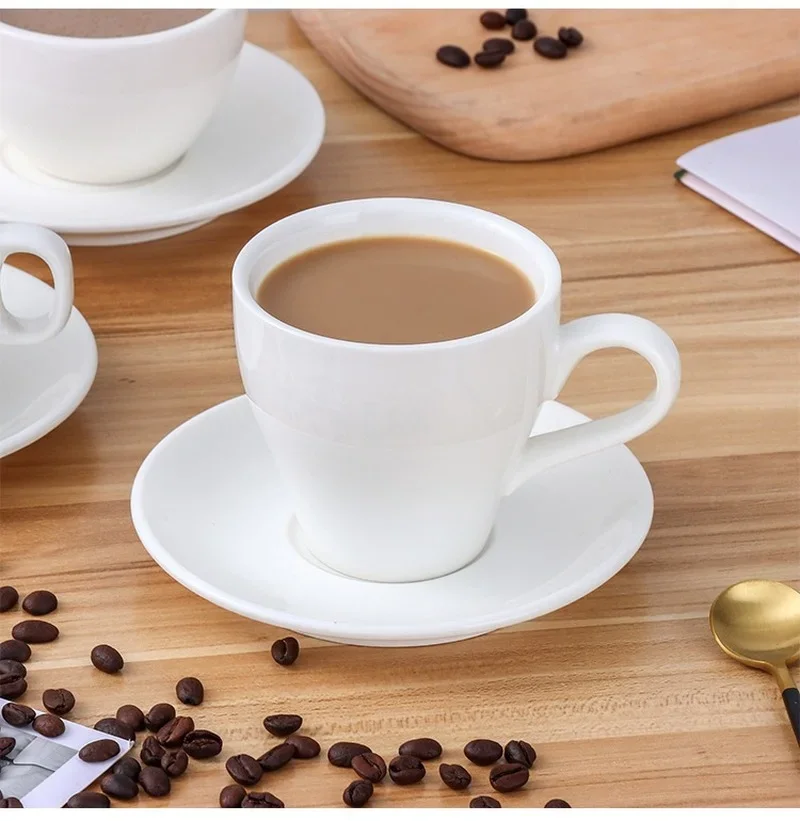 European-style Latte Art Cappuccino Coffee Cup and Saucer Set Ceramic Pure White Milk Tea Cup Hotel Universal Tea Cup