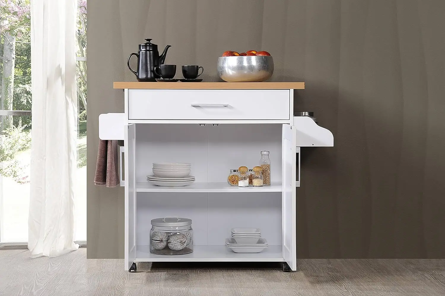 Cozinha Ilha com Spice Rack, Toalheiro e gaveta, Branco com Faia Top, 15,5x35,5x39,9x35,2 polegadas