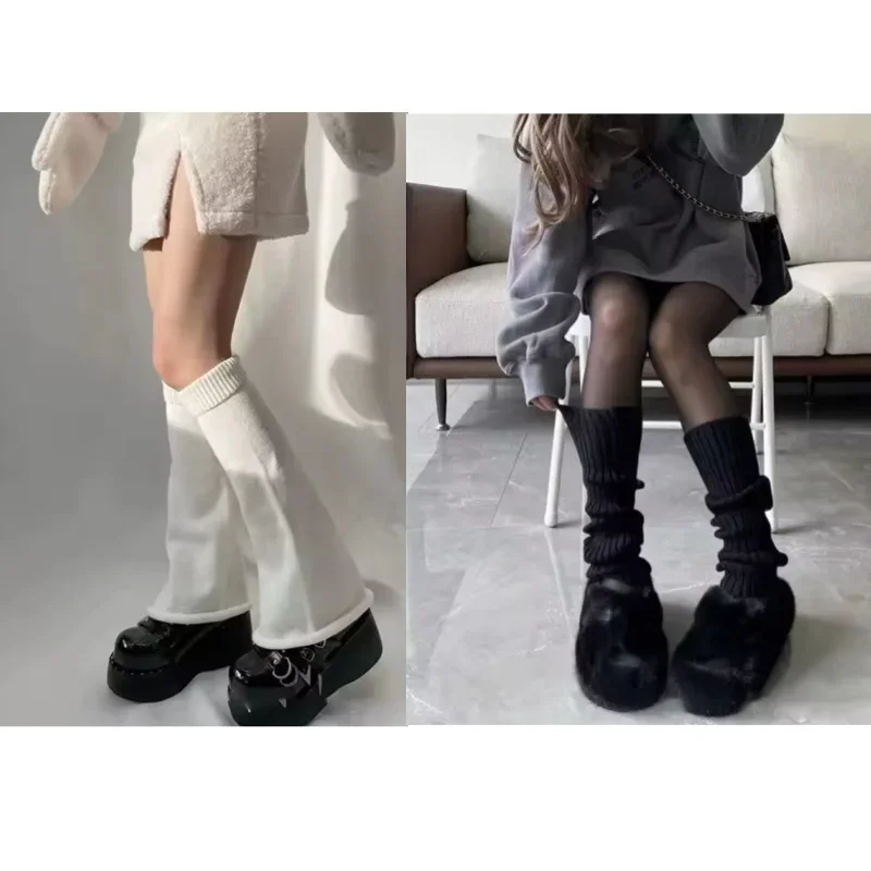 New Lolita JKStyle Leg Warmers Women Girls Knitted Warm Foot Cover White Black Warmer Lady Autumn Winter Crochet Sock Boot Cuffs